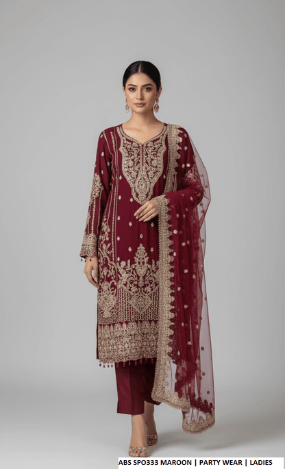 Chiffon straight shirt plazo maroon - Pakistani women's party wear with grip plazo and organza dupatta front view