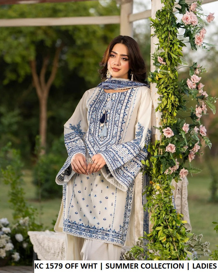 KC Sunehri 1579 Off White - Off White Embroidered Chiffon 3-Piece Women's Pakistani Suit