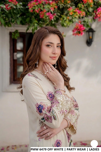 PNW 6479 OFF WHITE - Off White Chiffon 3-Piece Women's Pakistani Plazo Suit