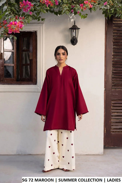 Maroon cotton Pakistani women's short straight shirt with plazo side view