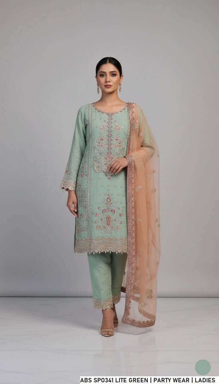 Chiffon straight shirt light green - Pakistani women's party wear with grip trouser and organza dupatta front view