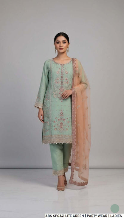 Chiffon straight shirt light green - Pakistani women's party wear with grip trouser and organza dupatta front view
