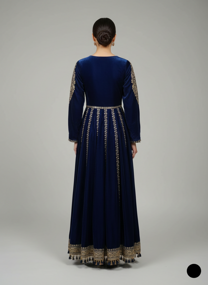 Navy blue velvet Pakistani women's A-Line shirt back view