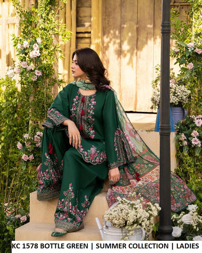 KC Sunehri 1578 Bottle Green - Bottle Green Chiffon Embroidered 3-Piece Women's Pakistani Suit