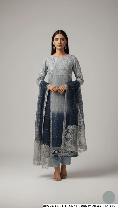 Chiffon straight shirt plazo light grey - Pakistani women's formal party wear with grip plazo and organza dupatta front view