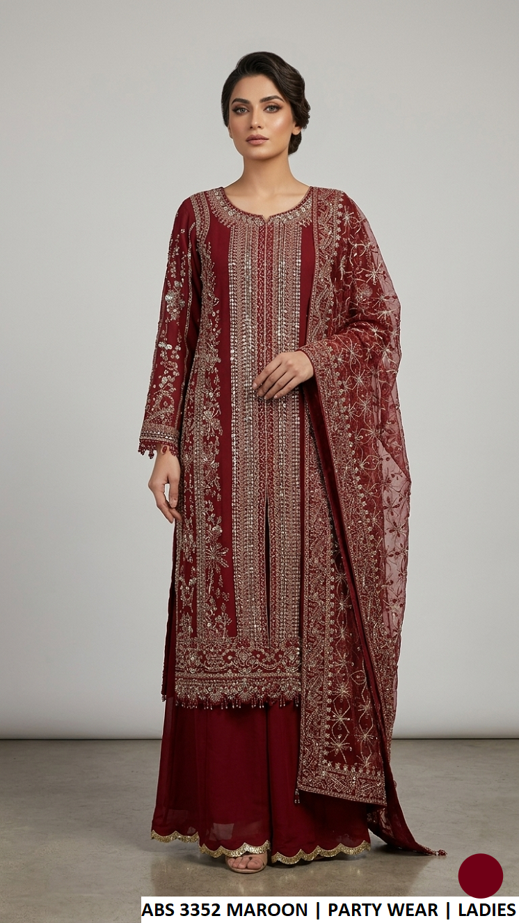 ABS 3352 MAROON - Maroon Chiffon A-Line 3-Piece Women's Pakistani Suit