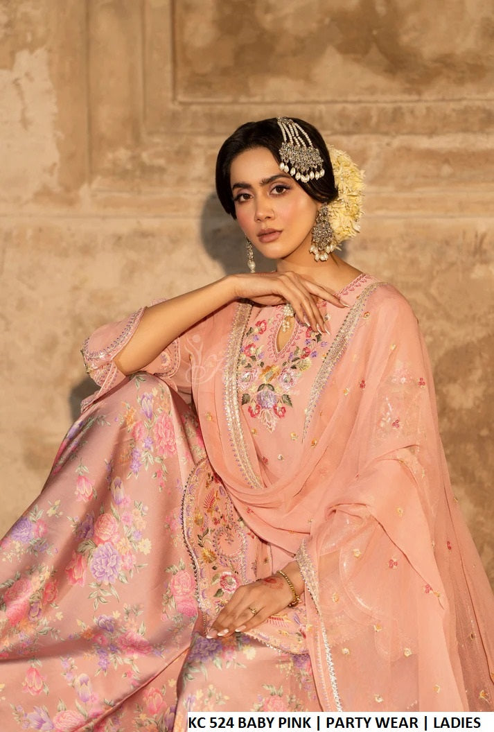 Pakistani women's baby pink georgette short shirt sharara back view