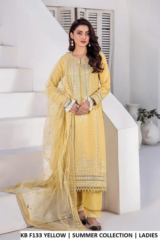 Pure cotton hand embroidered shirt yellow - Pakistani women's casual elegant outfit with net dupatta front view