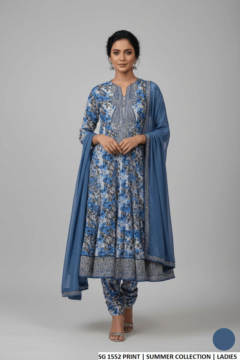 Lawn long frock printed - Pakistani women's casual summer outfit with lawn trouser and chiffon dupatta front view