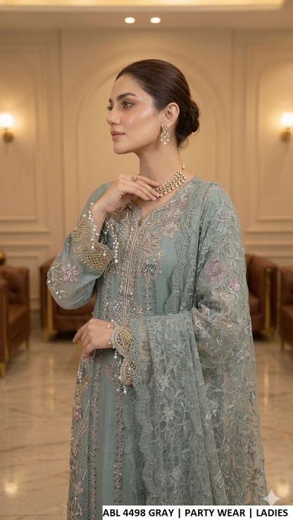 ABL 4498 DUSTY GRAY - Dusty Gray Chiffon Straight 3-Piece Women's Pakistani Suit