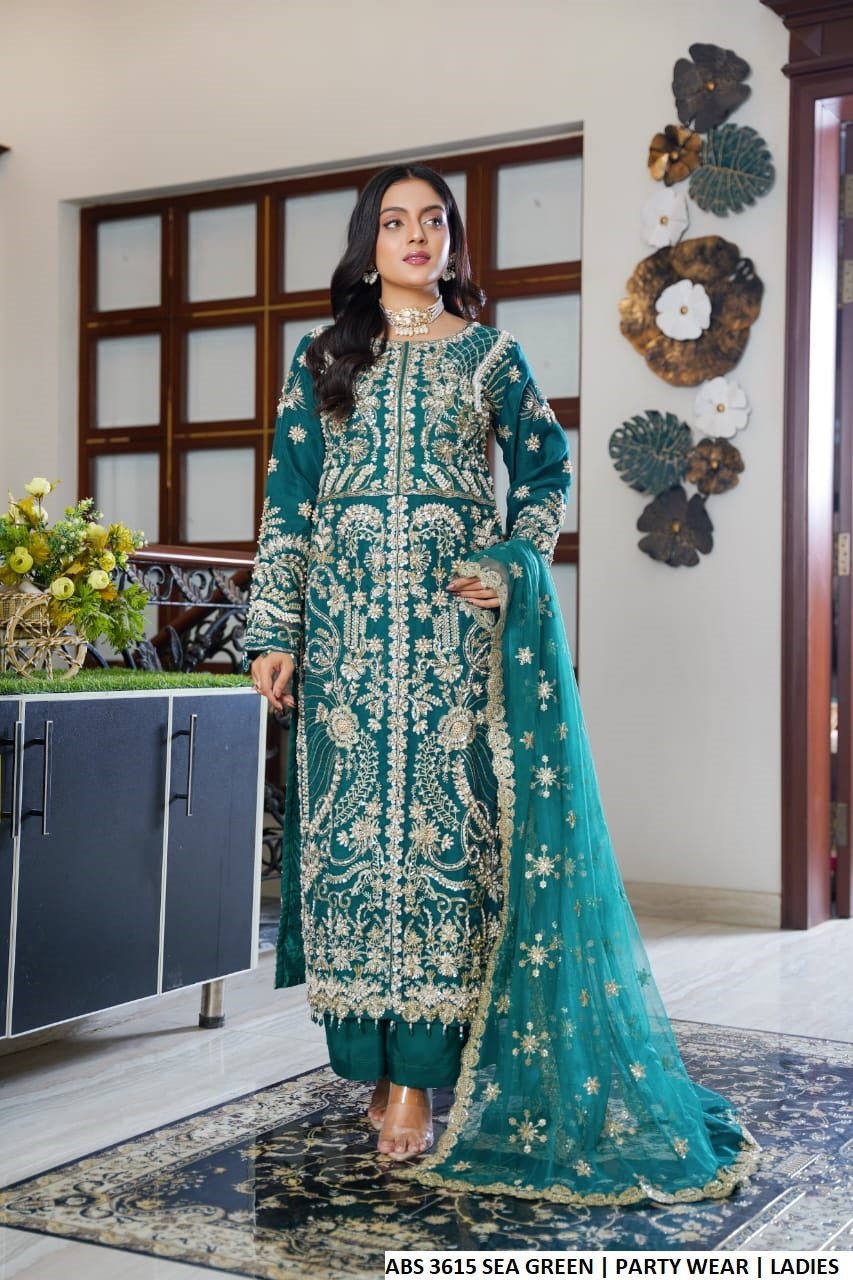 Organza straight open shirt sea green - Pakistani women's formal party wear with viscose trouser and soft net dupatta front view