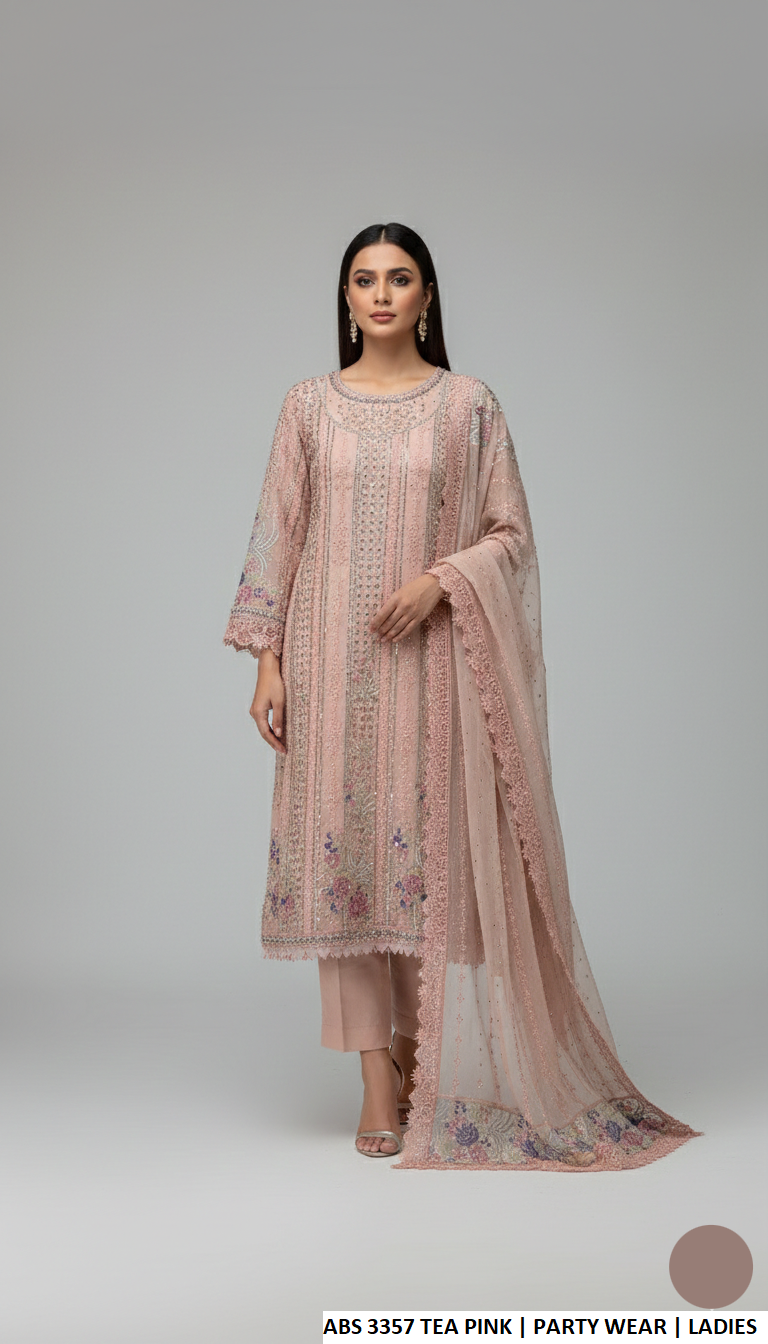 Chiffon straight shirt tea pink - Pakistani women's elegant formal wear with grip trouser and chiffon dupatta front view