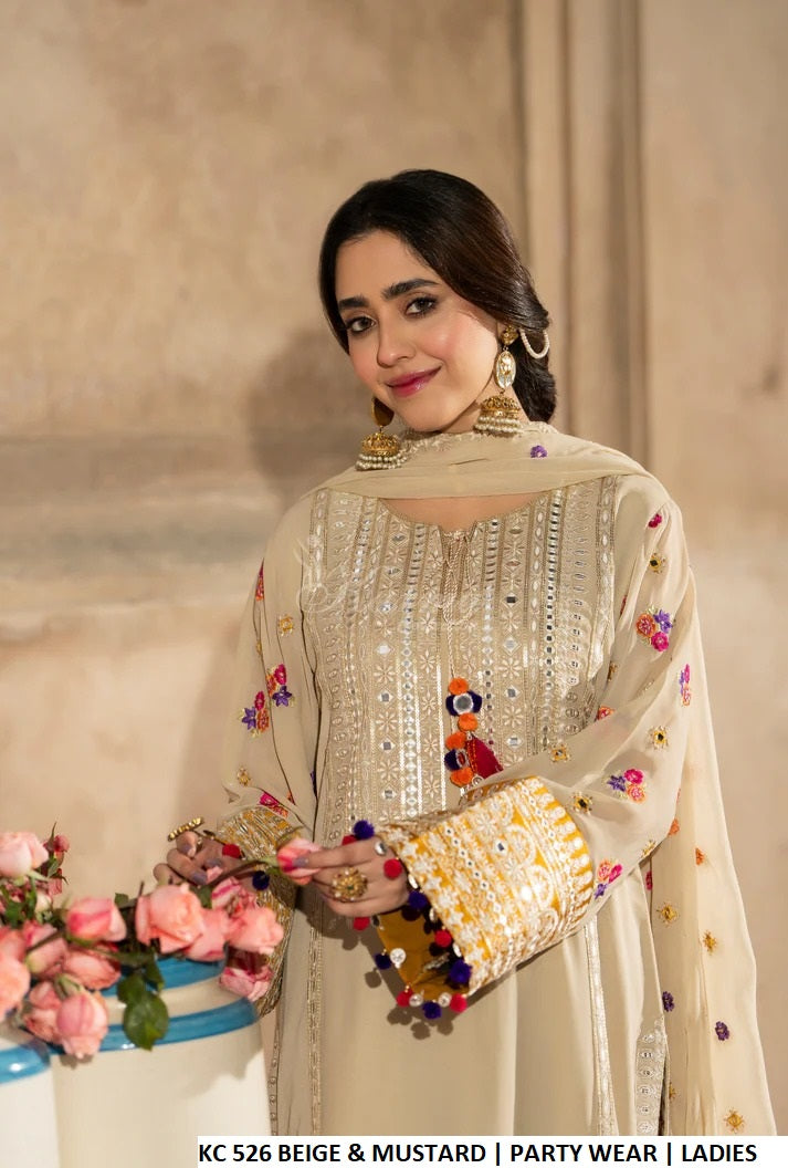 Beige georgette Pakistani women's embroidered short shirt with farshi shalwar side view