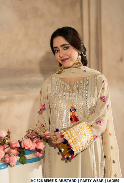 Beige georgette Pakistani women's embroidered short shirt with farshi shalwar side view