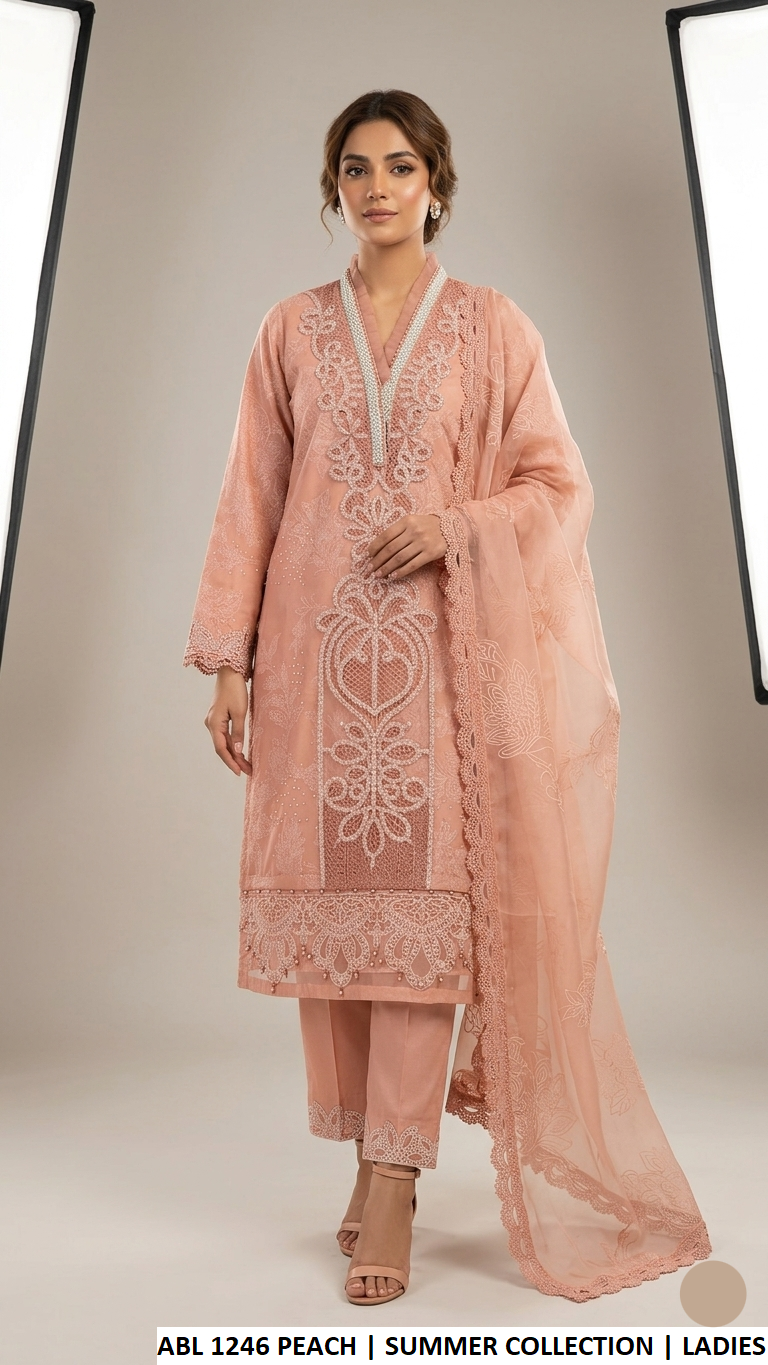 Organza straight shirt plazo peach - Pakistani women's party wear with cotton lining and organza dupatta front view