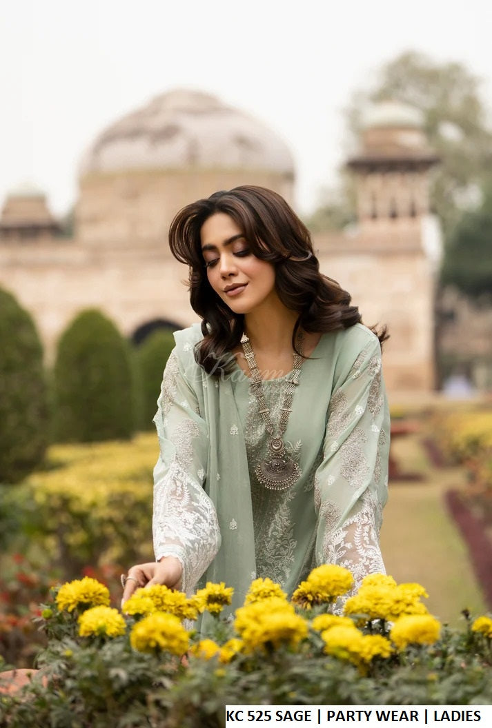 Pakistani women's sage green georgette embroidered straight shirt plazo back view