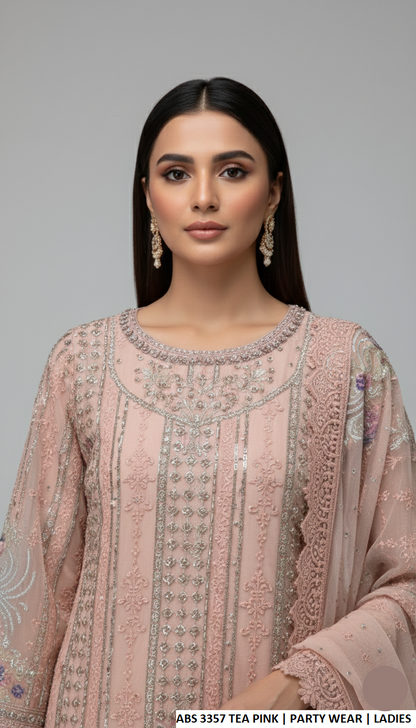 Tea pink chiffon Pakistani women's straight shirt side view