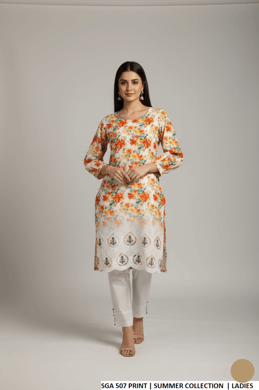 Lawn straight printed shirt - Pakistani women's casual summer outfit with cotton trouser and 2-piece dupatta front view
