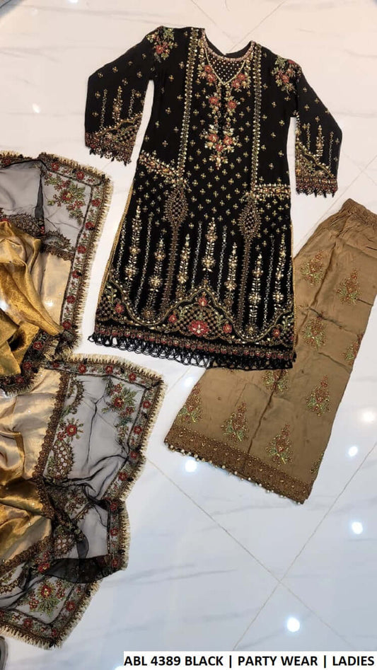 ABL 4389 BLACK chiffon Pakistani women's shirt with viscose plazo back view