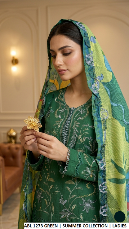 ABL 1273 GREEN - Green Cotton Straight 3-Piece Women's Pakistani Suit