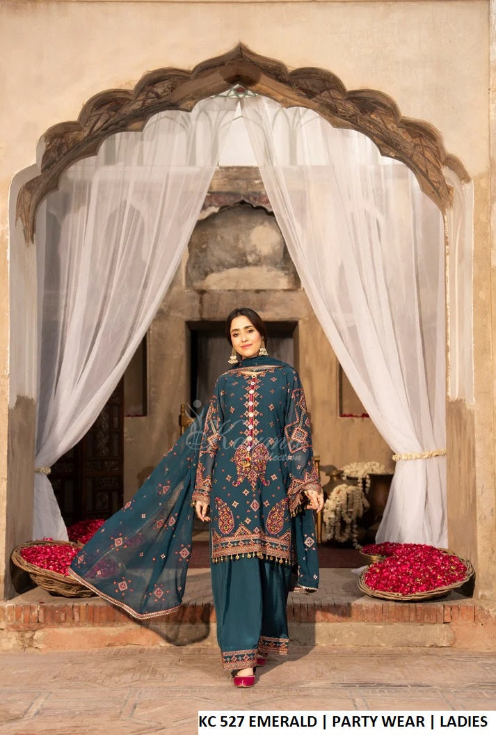 Georgette short shirt farshi shalwar emerald green - Pakistani women's embroidered festive outfit with crinkle chiffon dupatta front view