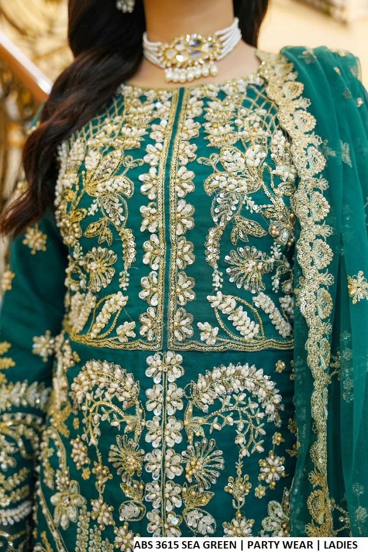Pakistani women's sea green organza straight open shirt back view