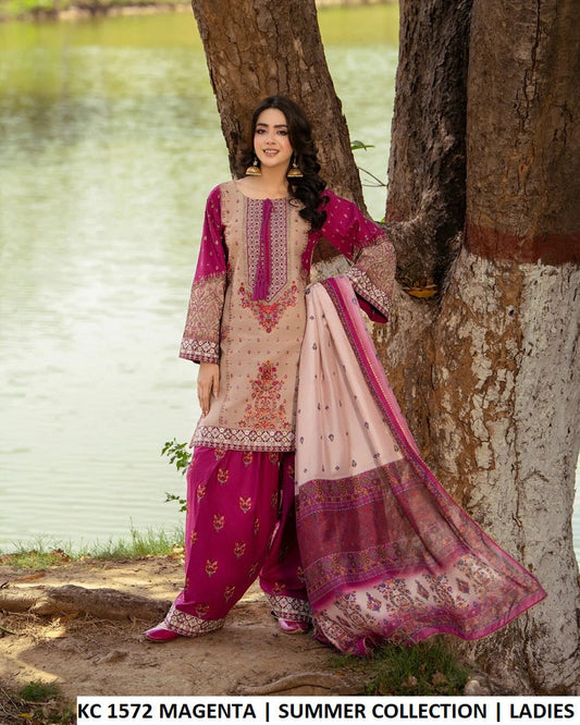 KC Sunehri 1572 DEEP MAGENTA - Deep Magenta Silk Embroidered 3-Piece Women's Pakistani Suit