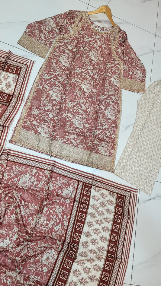 Khaddar printed 2-piece - Pakistani women's casual winter outfit with khaddar trouser and shawl front view