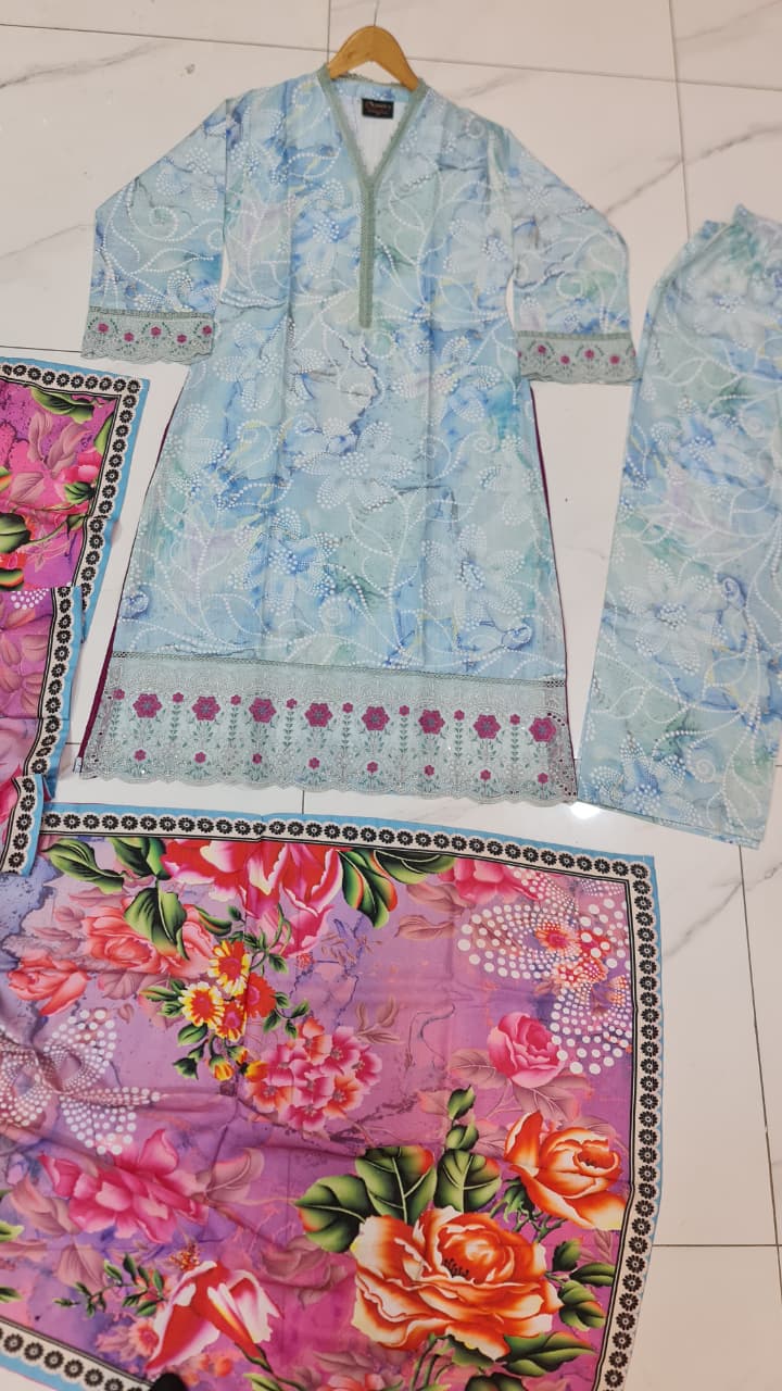 Pakistani women's lawn A-Line printed casual outfit back view