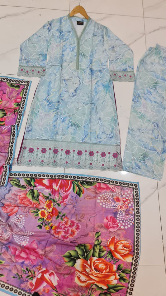 Pakistani women's lawn A-Line printed casual outfit back view