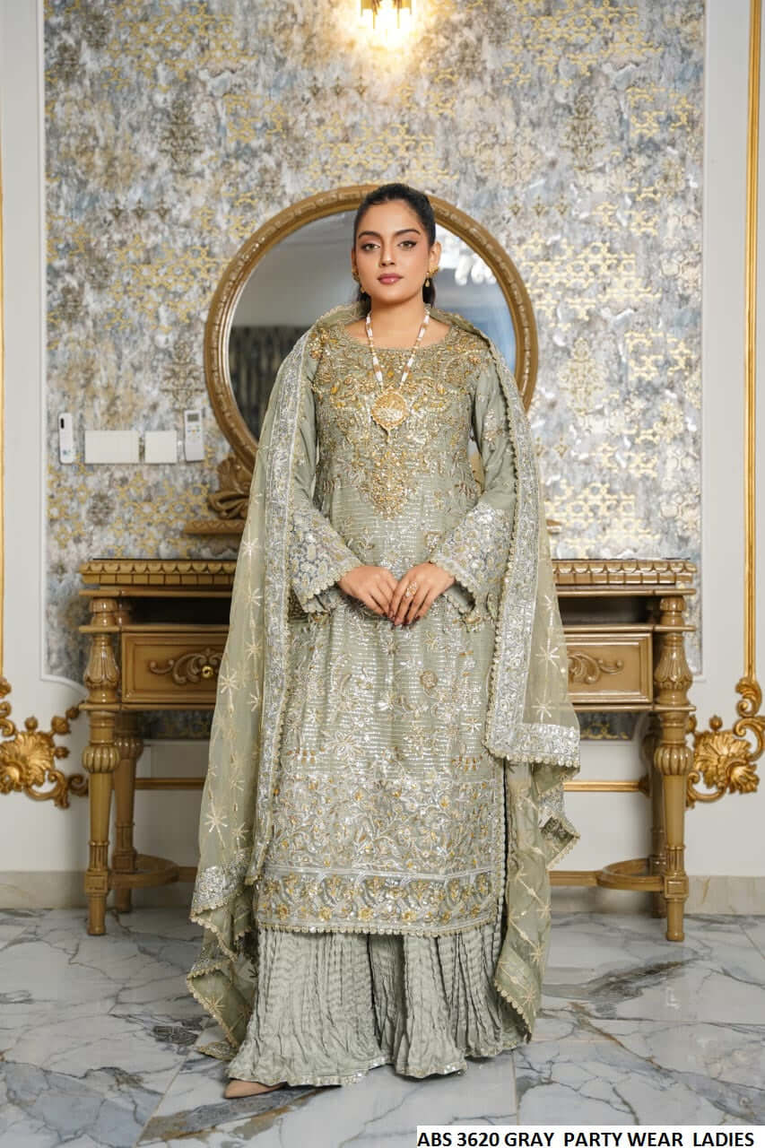 Chiffon straight shirt grey - Pakistani women's elegant formal wear with viscose trouser and organza dupatta front view