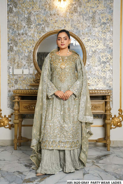 Chiffon straight shirt grey - Pakistani women's elegant formal wear with viscose trouser and organza dupatta front view