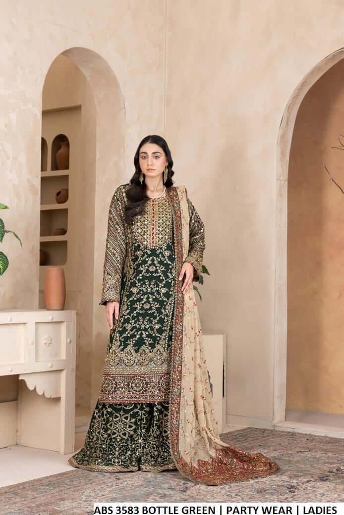 Chiffon shirt plazo bottle green - Pakistani women's formal party wear with chiffon plazo and chiffon dupatta front view