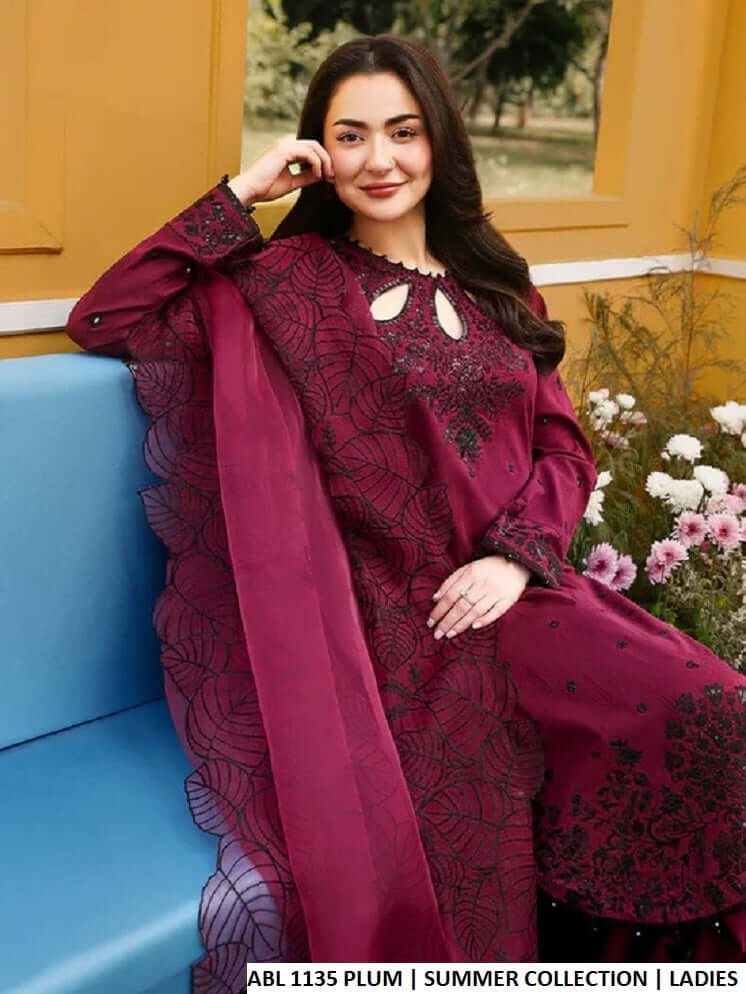 Pakistani women's plum cotton gol daman straight shirt plazo back view