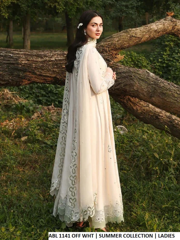 Pakistani women's off white cotton long frock detail view