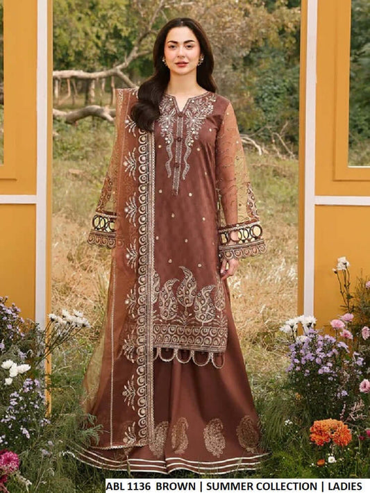 Cotton straight shirt plazo brown - Pakistani women's casual stylish outfit with organza dupatta front view