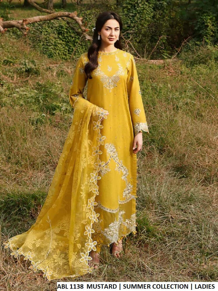 Cotton straight shirt mustard yellow - Pakistani women's casual outfit with organza dupatta front view