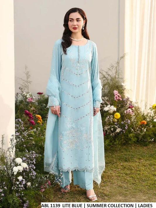 Cotton straight shirt bell shape trouser light blue - Pakistani women's casual outfit with organza dupatta front view