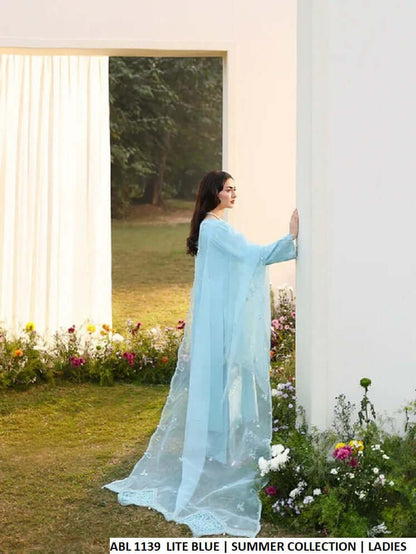 Pakistani women's light blue cotton straight shirt bell trouser detail view