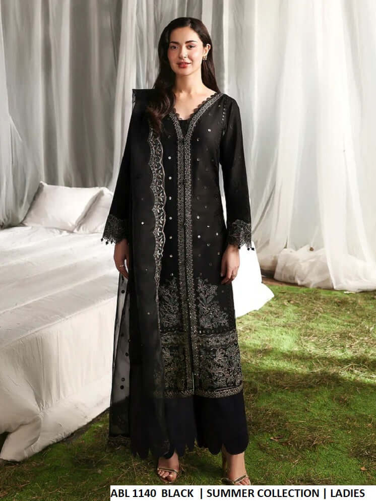 Cotton straight open shirt plazo black - Pakistani women's casual semi-formal outfit with organza dupatta front view
