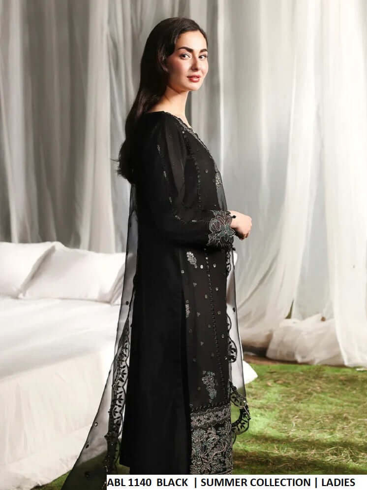 Pakistani women's black cotton straight open shirt plazo detail view