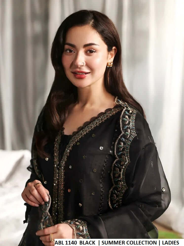 Pakistani women's black cotton straight open shirt plazo back view