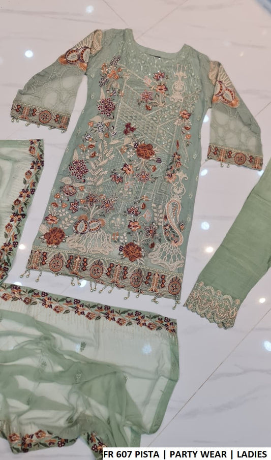Chiffon straight shirt pista green - Pakistani women's elegant casual outfit with grip trouser and chiffon dupatta front view