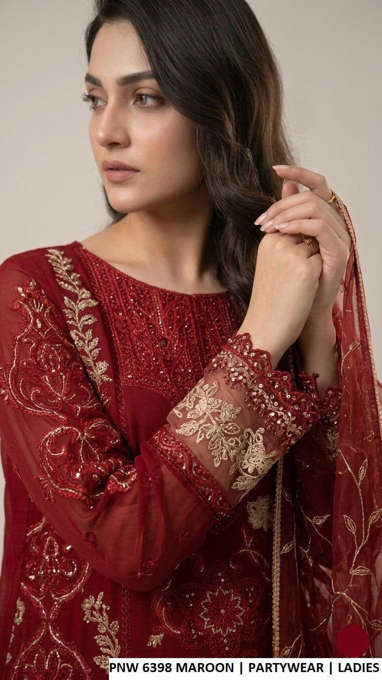 PNW 6398 MAROON - Maroon Chiffon Straight 3-Piece Women's Pakistani Suit