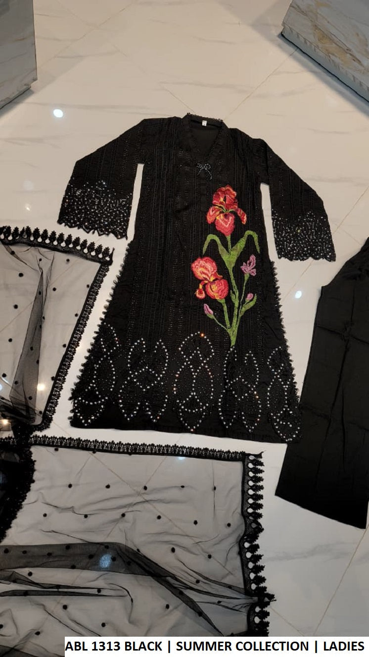 ABL 1313 BLACK - Black Lawn A-Line 3-Piece Women's Pakistani Suit