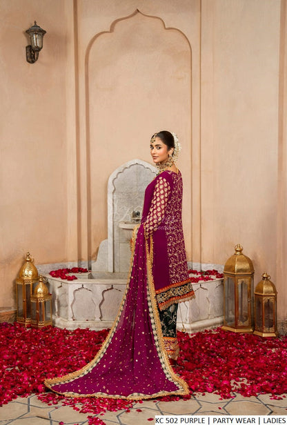 Pakistani women's purple chiffon short shirt shalwar back view
