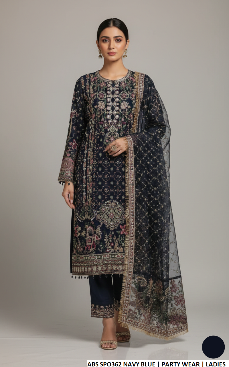 Chiffon straight shirt navy blue - Pakistani women's formal party wear with viscose trouser and organza dupatta front view