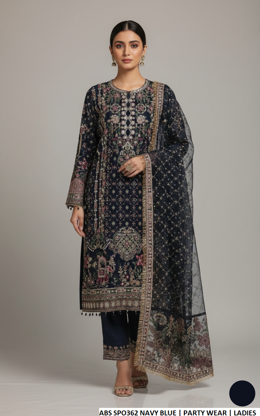 Chiffon straight shirt navy blue - Pakistani women's formal party wear with viscose trouser and organza dupatta front view