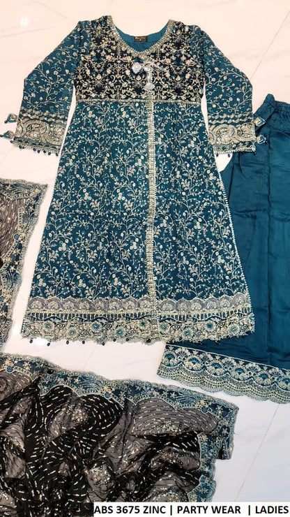 ABS 3675 ZINC - Zinc Chiffon Ungrakha 3-Piece Women's Pakistani Plazo Suit