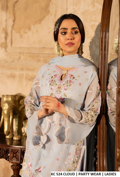 Cloud white georgette Pakistani women's short shirt with silk sharara side view